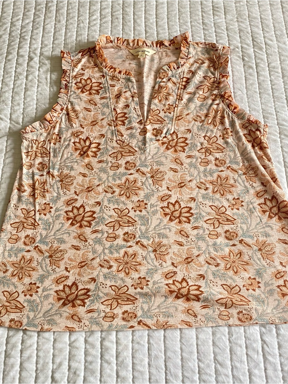 Lucky Brand Peach Floral Ruffle Trim Sleeveless Top